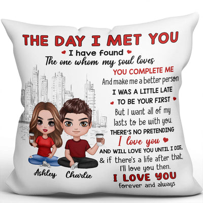 Doll Couple Sitting Skyline The Day I Met You Gift For Him For Her Personalized Pillow