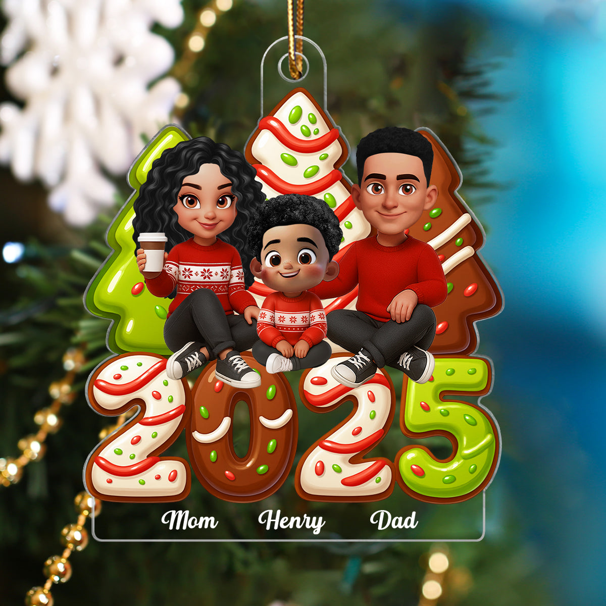 Christmas Tree Cake Family Sitting 2025 Personalized Acrylic Ornament, Christmas Decor for Family