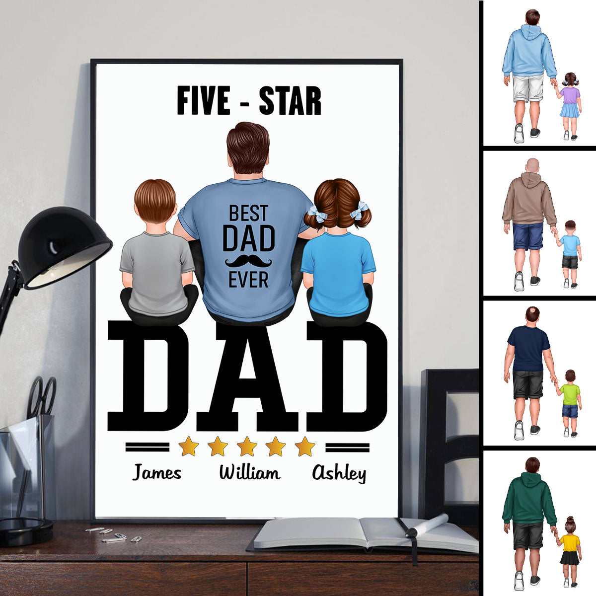 Five - Star Dad Back View Dad And Kids Personalized Vertical Poster