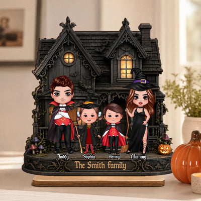 Family Haunted House - Personalized 2-Layered Wooden Plaque - Halloween Spooky Gothic Home Decor
