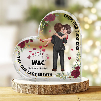 Embracing Hugging Doll Couple Floral Frame Personalized Heart Acrylic Plaque