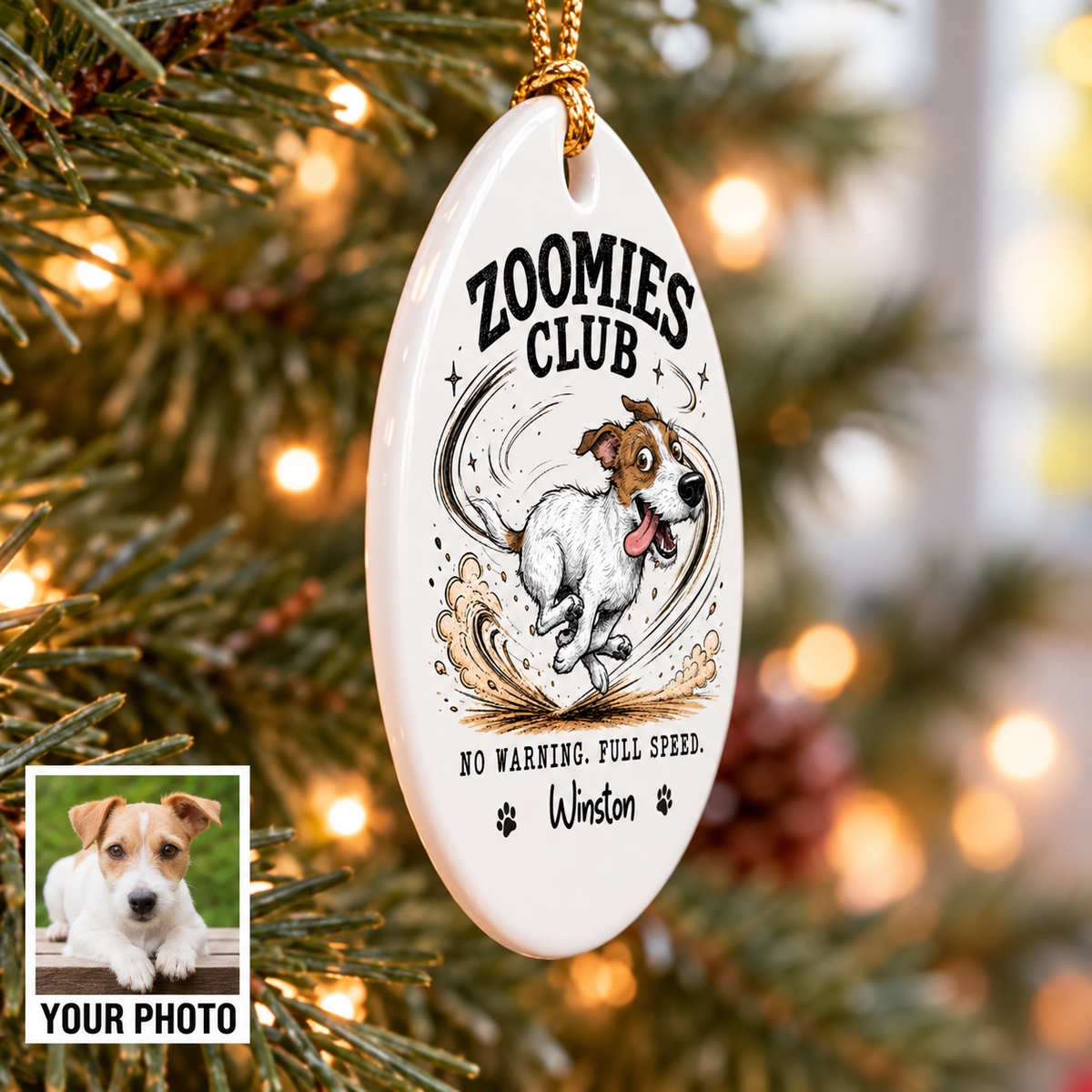 Zoomies Club Official Member Quirky Dog Portrait From Your Custom Pet Photo - Personalized Ceramic Ornament - Funny Gift For Dog Cat Lover