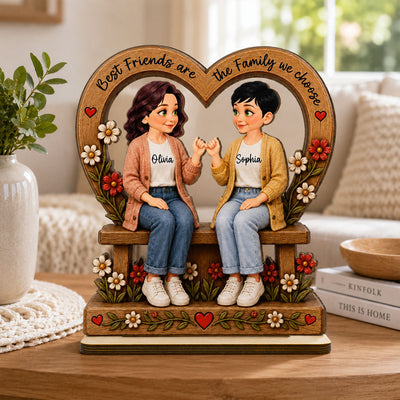 Best Friends Are The Family We Choose Pinky Promise Besties Sitting 2D Flat - Personalized 2-Layered Wooden Plaque - Birthday Gift, Friendship Gift for Best Friends
