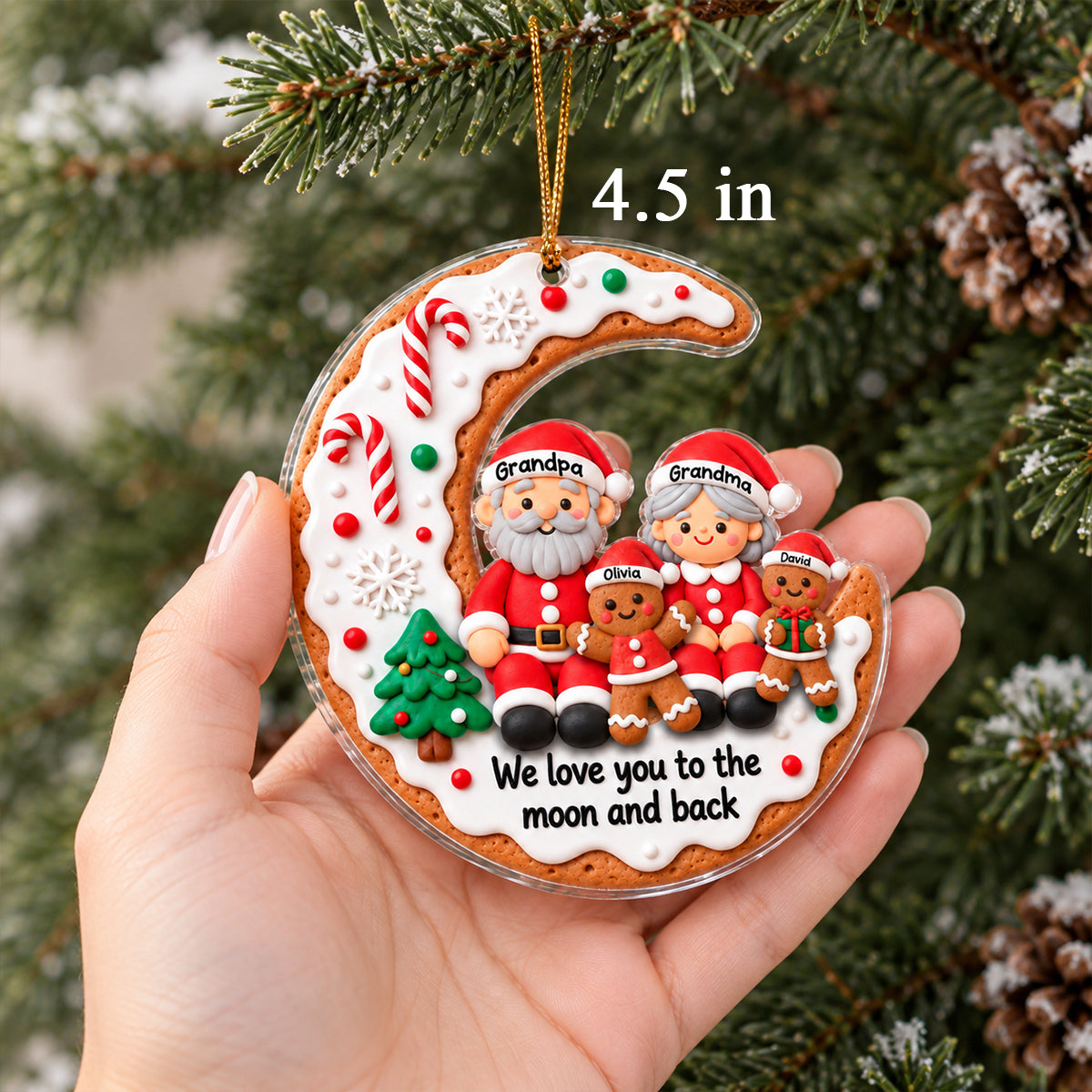 Gingerbread Grandparents Love to the Moon and Back - Personalized Acrylic Ornament - Christmas Gift for Grandma, Grandpa, Grandkids