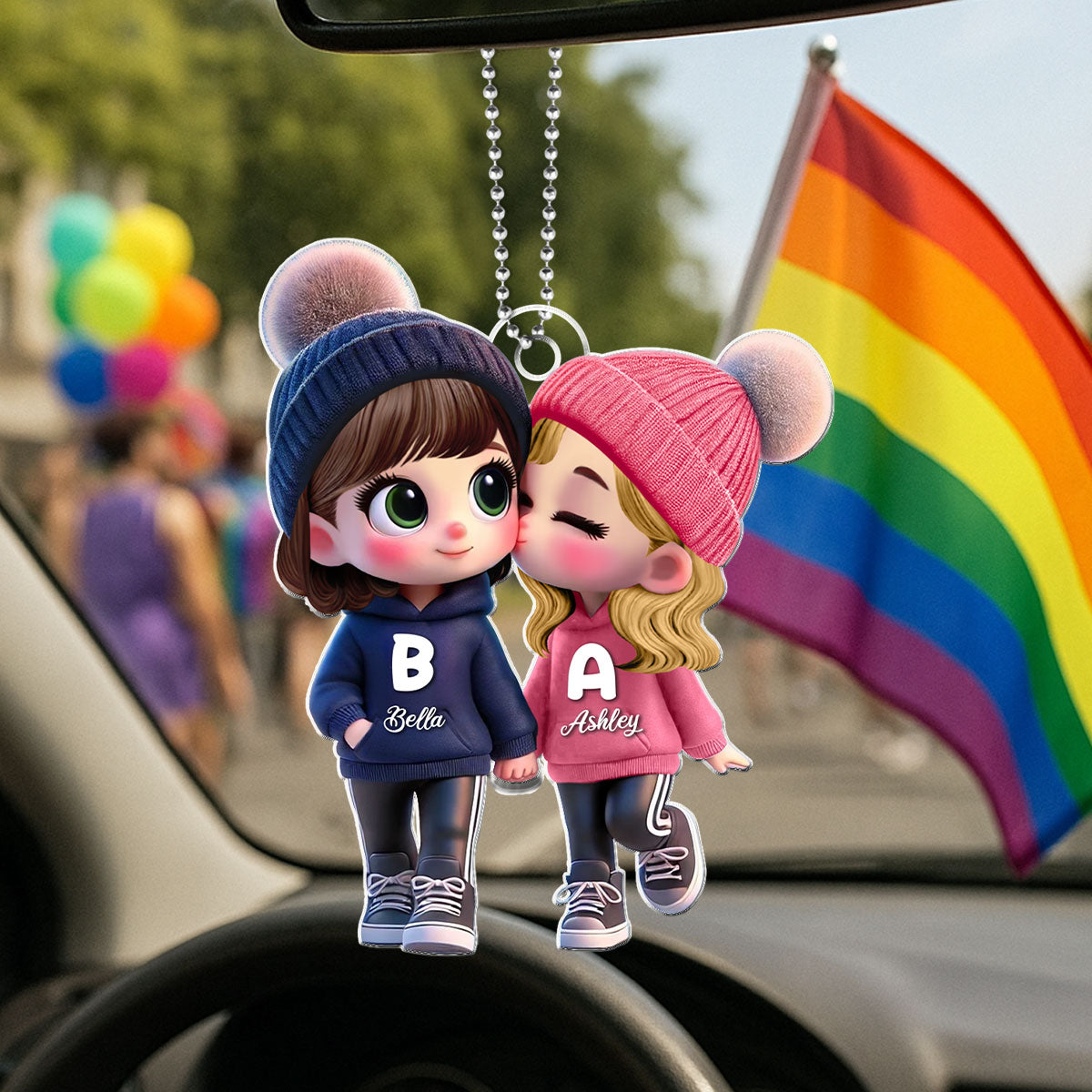 Personalized 3D Cartoon Lesbian Couple Car Ornament – Cute Acrylic Gift for Pride Month