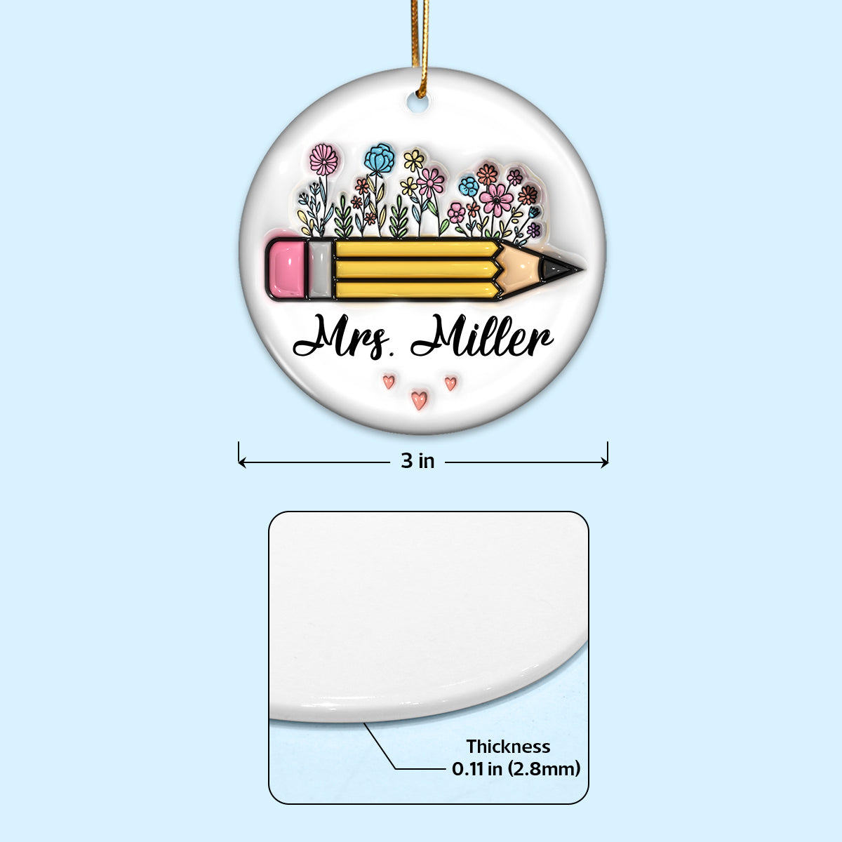 Teacher Things Pencil Apple 3D Inflated Personalized Ceramic Ornament