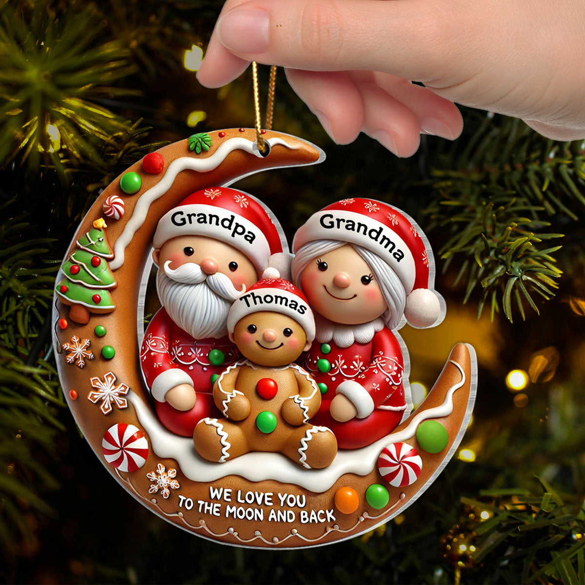 3D Effect Gingerbread Grandma Grandpa Hugging Grandkid On Moon Christmas Personalized Acrylic Ornament, Gift For Granddaughter, Grandson