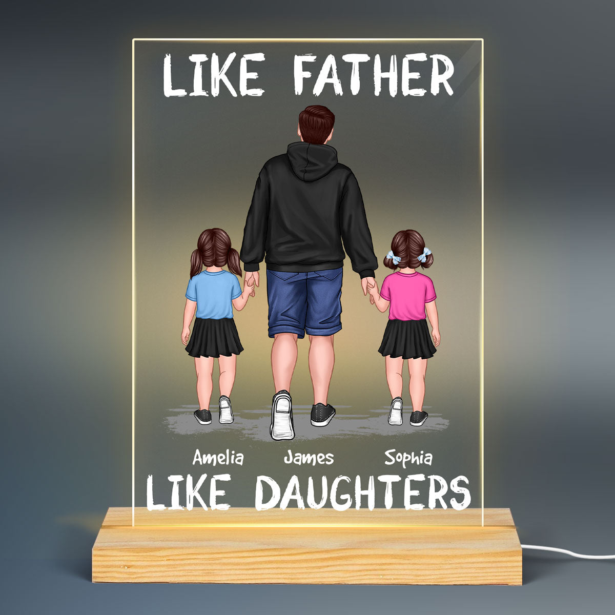 Like Father Like Son Like Daughter Dad And Kids Walking Personalized Rectangle Acrylic Plaque LED Night Light