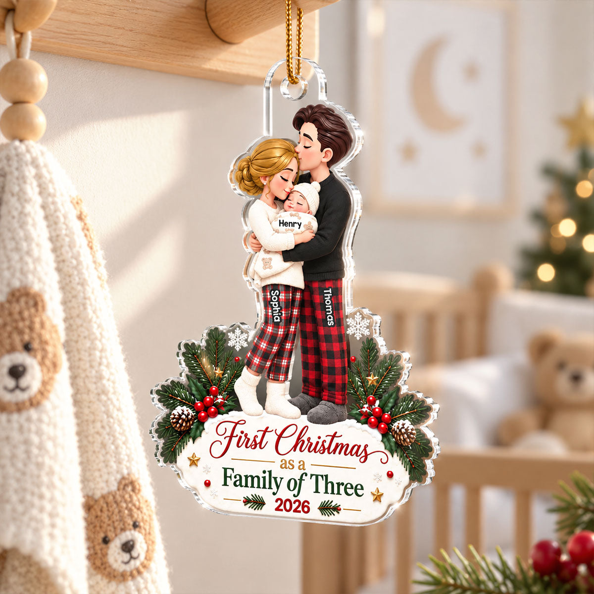 Our First Christmas As Family Of Three 2D Flat Printed - Personalized Acrylic Ornament - Christmas Tree Keepsake For New Parents