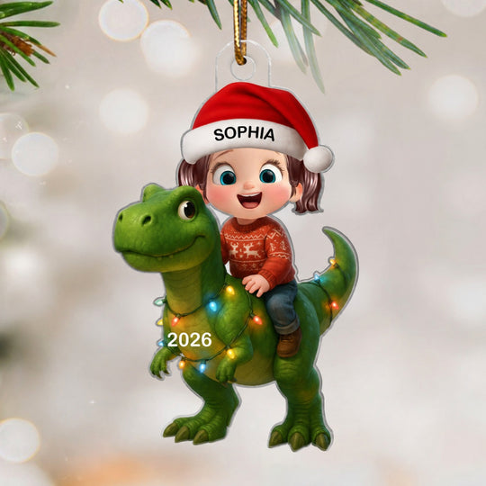 3D Effect Cute Little Girl Boy With Dinosaur Christmas - Personalized Acrylic Ornament - Gift For Kids, Grandkids, Fun & Unique