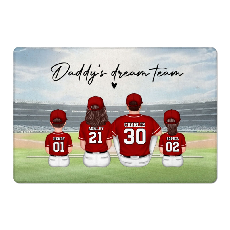 Daddy's Team Baseball Family Sitting Personalized Doormat, Father's Day Gift For Dad, Grandpa, Husband