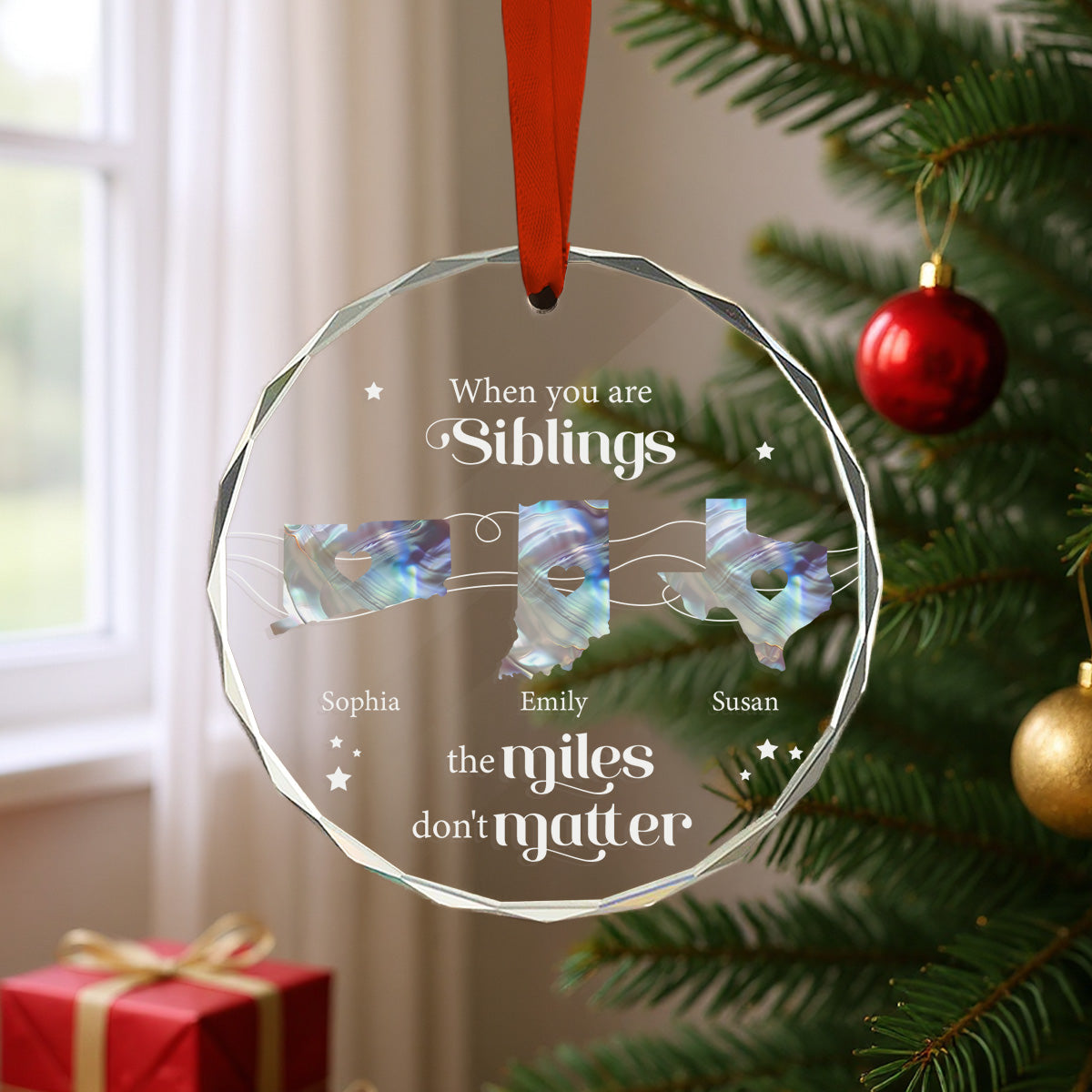The Miles Don't Matter Long Distance Pearl Theme State Map - Personalized Glass Ornament - Relationship Gift For Besties, Family Members, Siblings