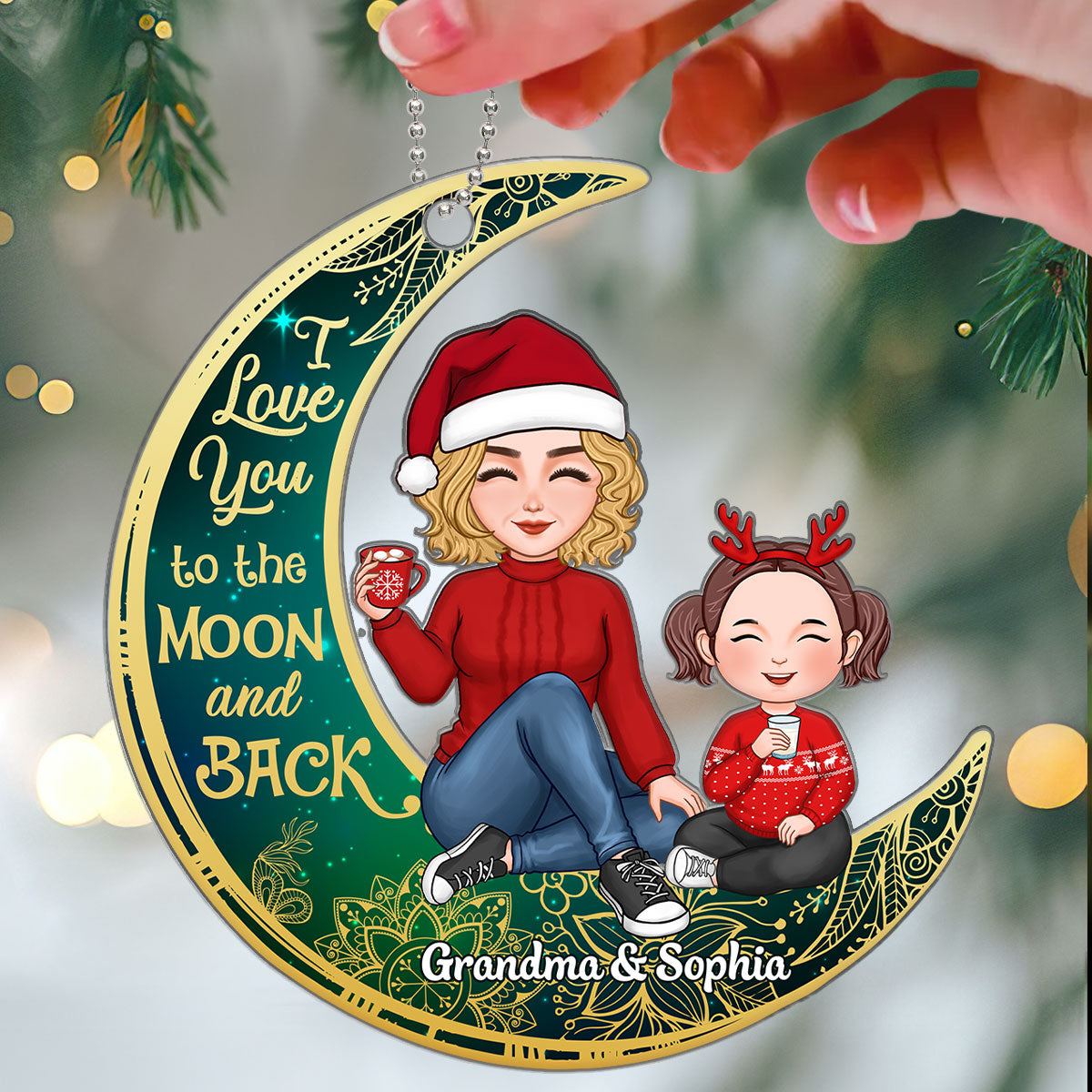 Cute Grandma & Grandkid On Green Moon Christmas Gift For Grandson Granddaughter Personalized Acrylic Ornament