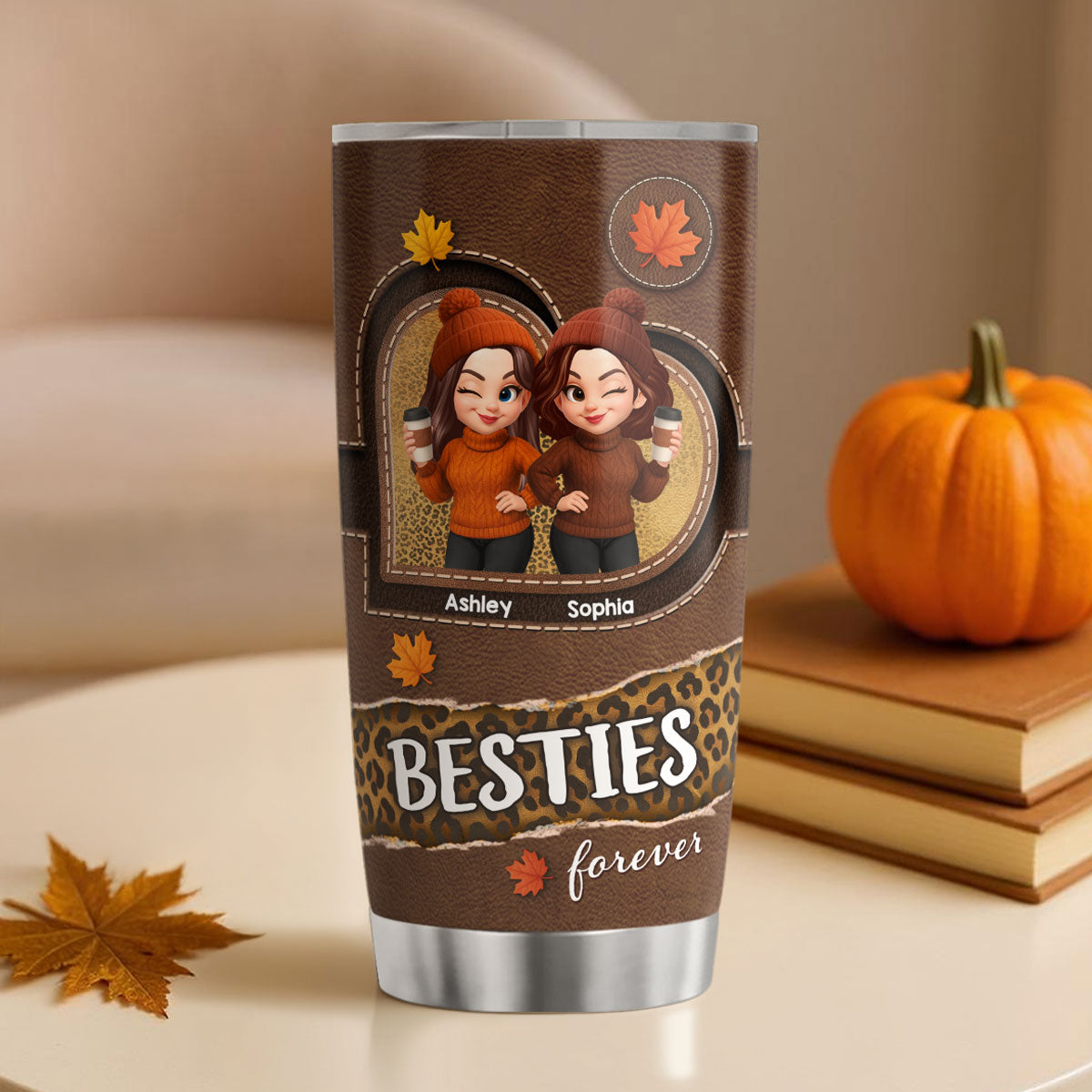 Fall Season Besties Sisters Fall Leather Pattern Personalized Tumbler