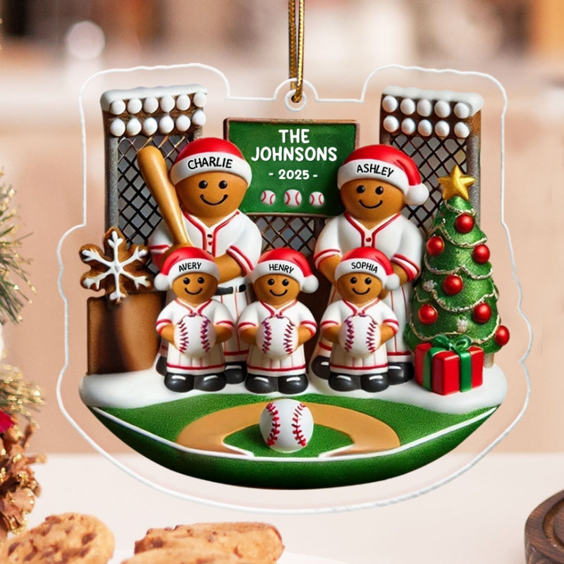 3D Effect Baseball Gingerbread Family On Field Sport Lover Personalized Acrylic Ornament