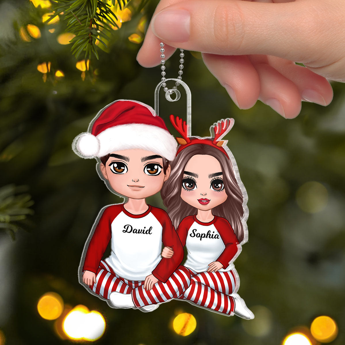 Christmas Doll Couple Sitting Hugging - Personalized Ornament