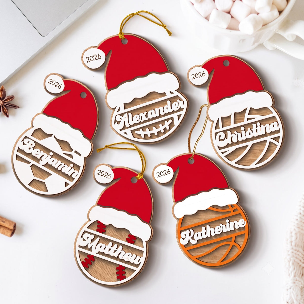 Sports Santa Hat With Name 2-Layered Wooden Ornament, Personalized Football Baseball Volleyball Basketball Soccer Ornament, Unique Christmas Gift For Kids