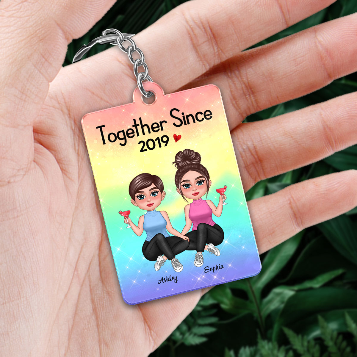 LGBT Doll Couple Sitting Together Since Favorite Song Scannable QR Code Couple Gift Personalized Acrylic Keychain