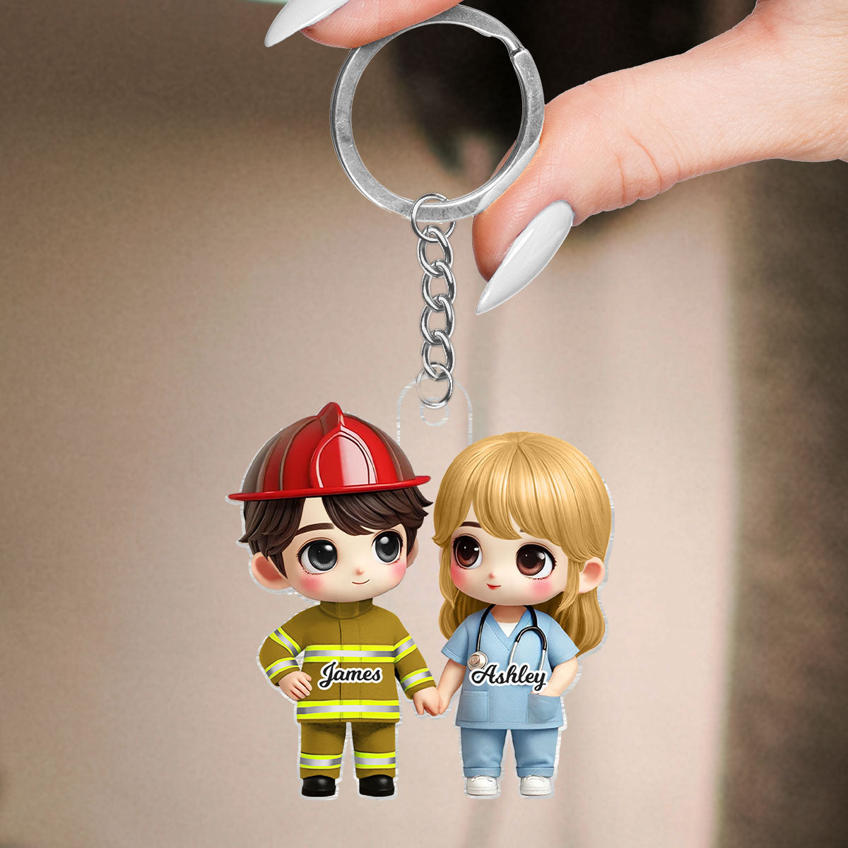 3D Effect Cute Cartoon Couple Gift by Occupation Gift For Her Gift For Him Personalized Acrylic Keychain, Anniversary Gift For Couple