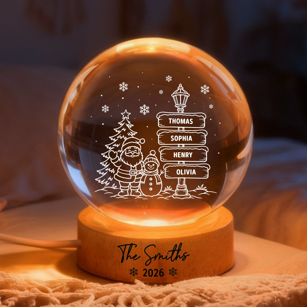 Joyful Christmas Custom Family Names - Personalized Crystal Ball LED Night Light - Gift For Family, Boy Girl