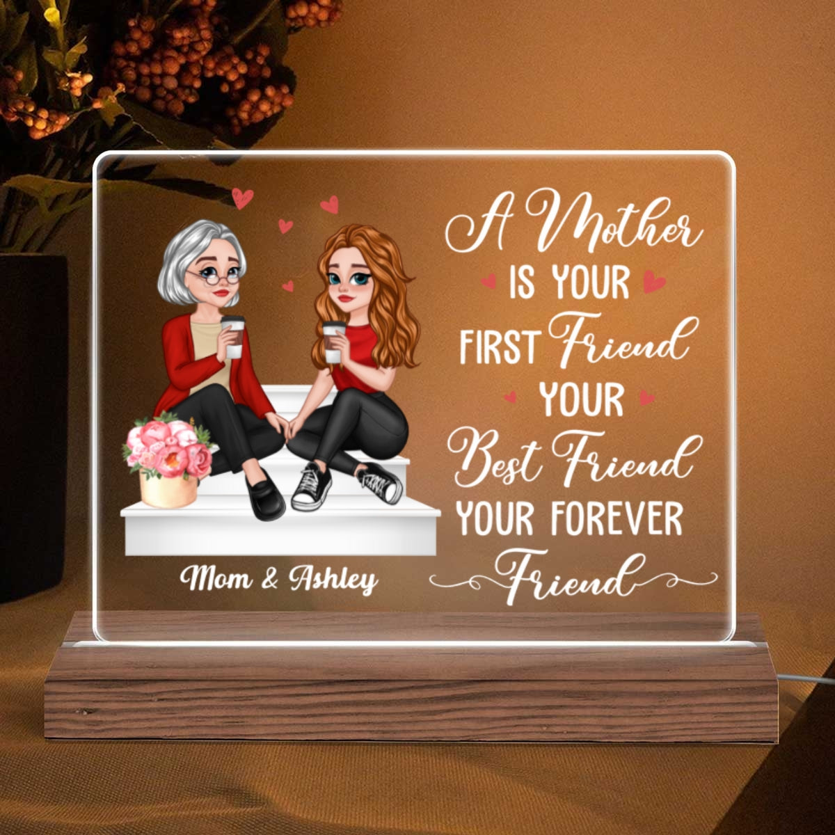 First Friend Best Friend Forever Friend Cartoon Mother Daughters Sitting On Stair Personalized Custom Shape LED Night Light