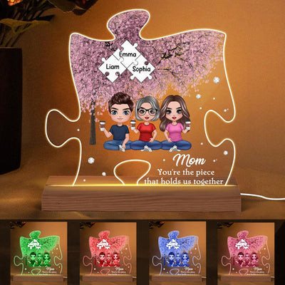 Mom The Piece That Holds Us Together Pink Tree Personalized Acrylic Puzzle LED Night Light