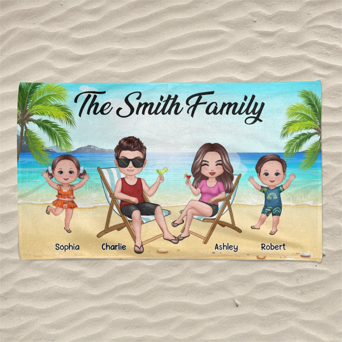 Summer Happy Whole Doll Family Couple Dad Mom Kids Dogs Cats Personalized Beach Towel