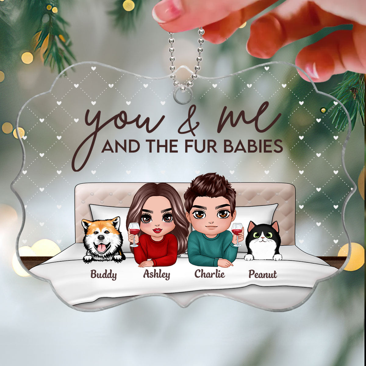 You Me And Fur Babies On Bed Couple Personalized Acrylic Ornament
