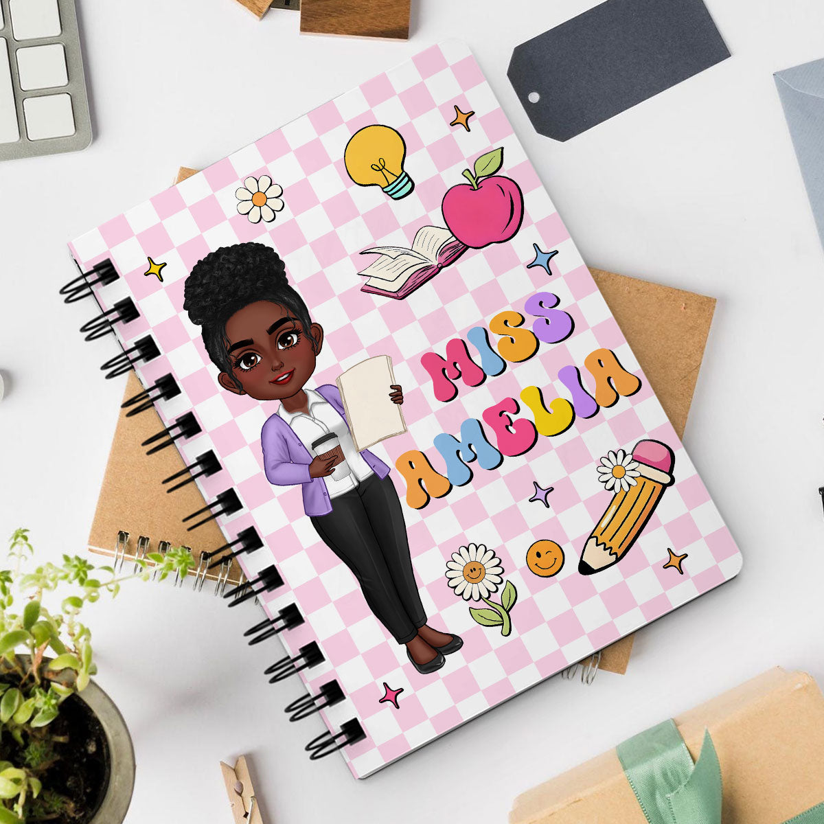 Groovy School Things Teacher Name Personalized Spiral Notebook Journal, Back To School Stationery