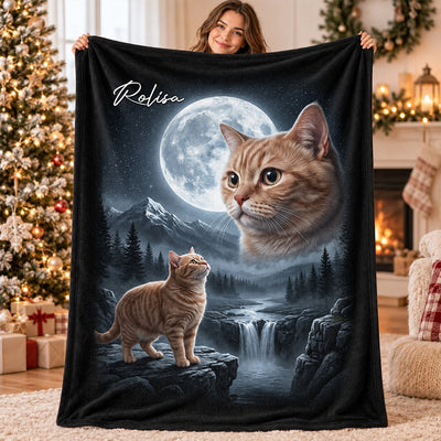 Cat Howling to the Moon Custom Pet Photo - Personalized Fleece Blanket - Halloween Gift for Cat Lovers