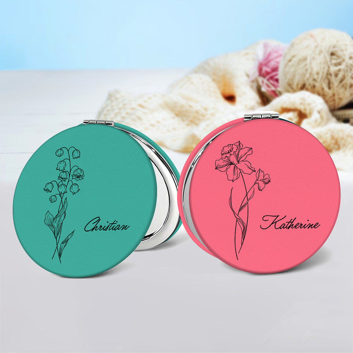 Birth Month Flower Personalized Circle Compact Mirror, Travel Size Mirror, Birthday Gifts, Birth Flower Gift