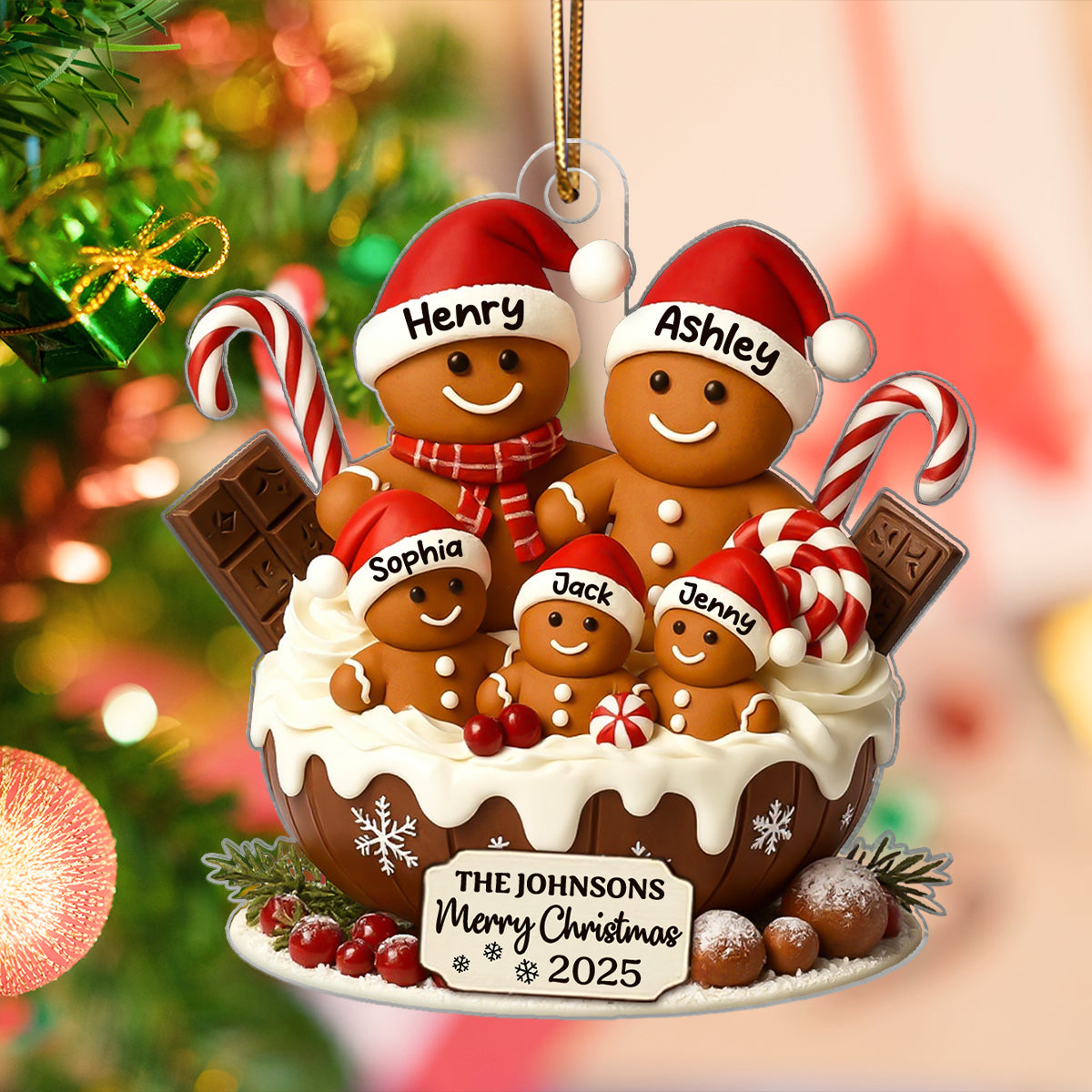 Gingerbread Family Holiday Delight Personalized Acrylic Ornament, Christmas Tree Decor, 2025 Family Ornament