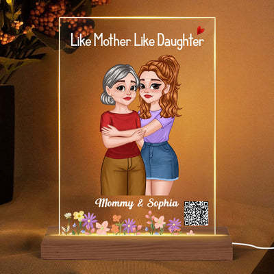 Like Mother Like Daughter Cartoon Hugging Mom Daughter Favorite Song QR Code Personalized Rectangle Acrylic Plaque With LED Night Light