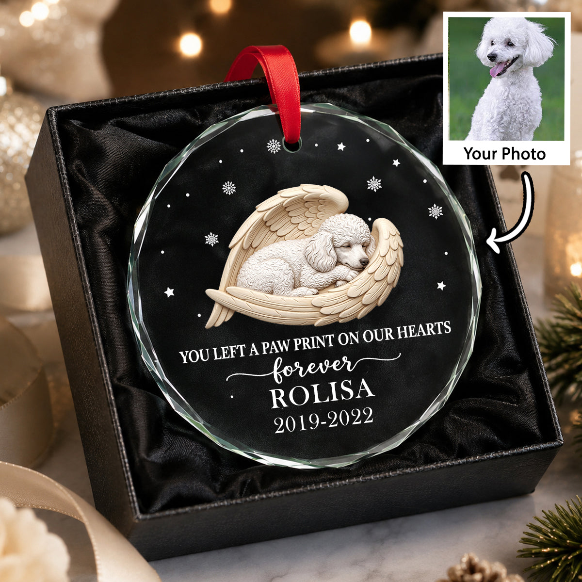 Custom Photo Sleeping Dog Cat Angel - Personalized Glass Ornament - Heartfelt Memorial Keepsake for Loved Ones