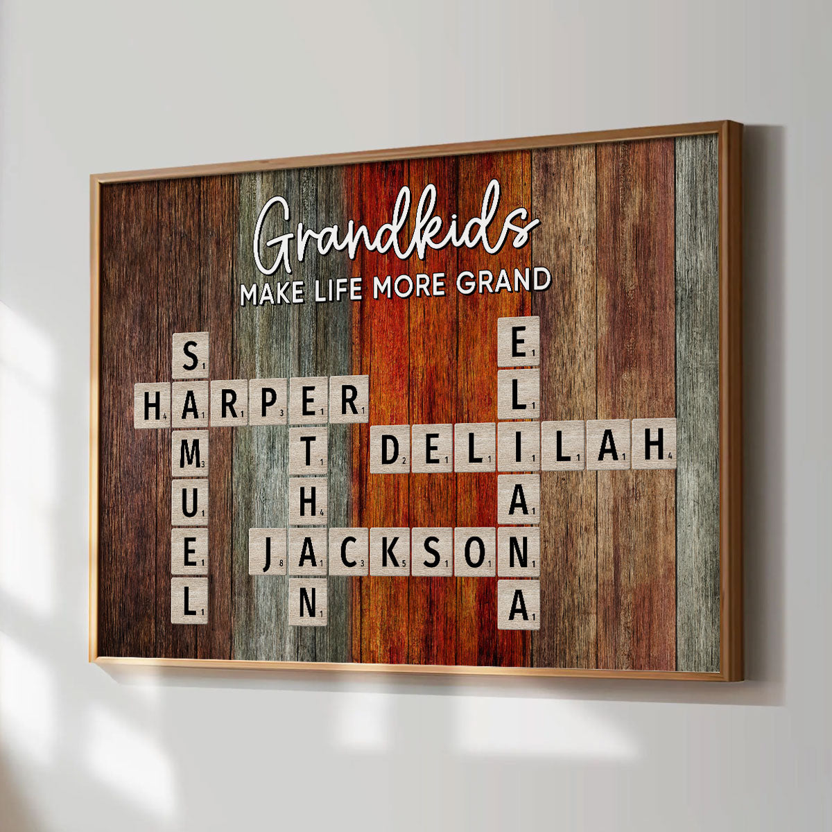 Grandkids Make Life More Grand Colorful Palette Crossword Puzzle Art Personalized Poster | Heartfelt Gift For Grandparents, Grandma, Grandpa | Home Decor for Grandparents' House