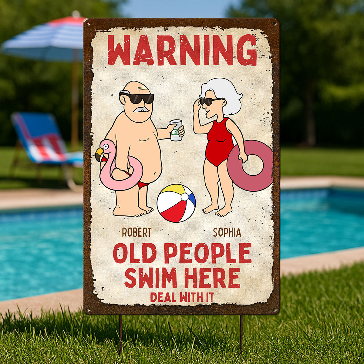 Warning Old People Swim Here Personalized Pool Metal Sign