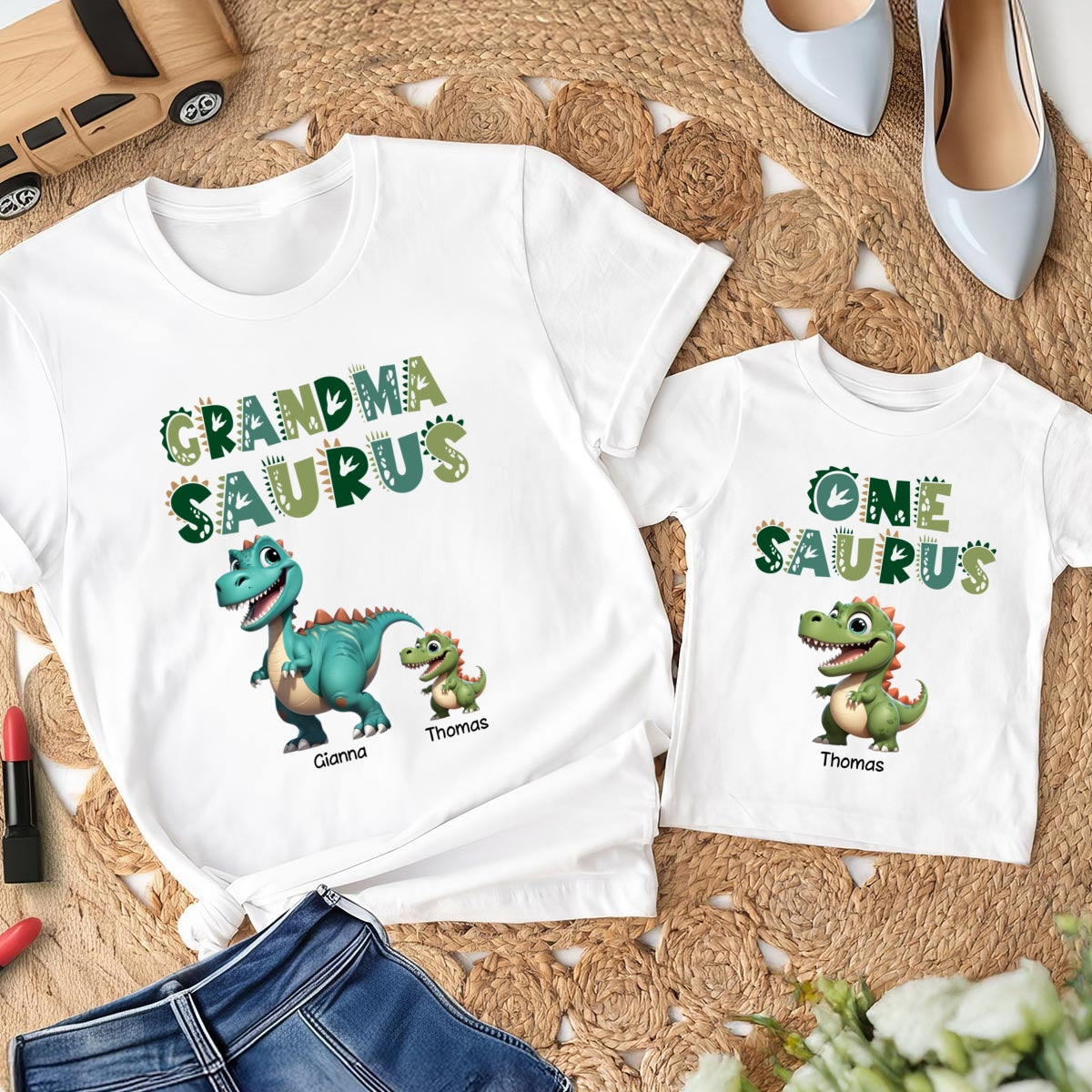 3D Effect Grandmasaurus And Babysaurus Personalized Shirts [Set Of 2 Shirts]