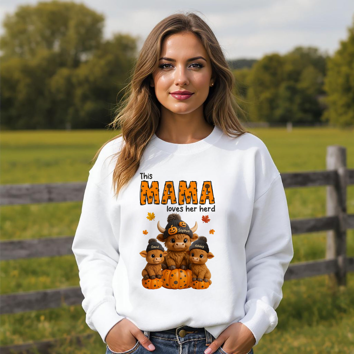 This Mama Loves Her Herd Cute Highland Cow Pumpkin Personalized Sweatshirt, Fall Sweatshirt for Mom Grandma