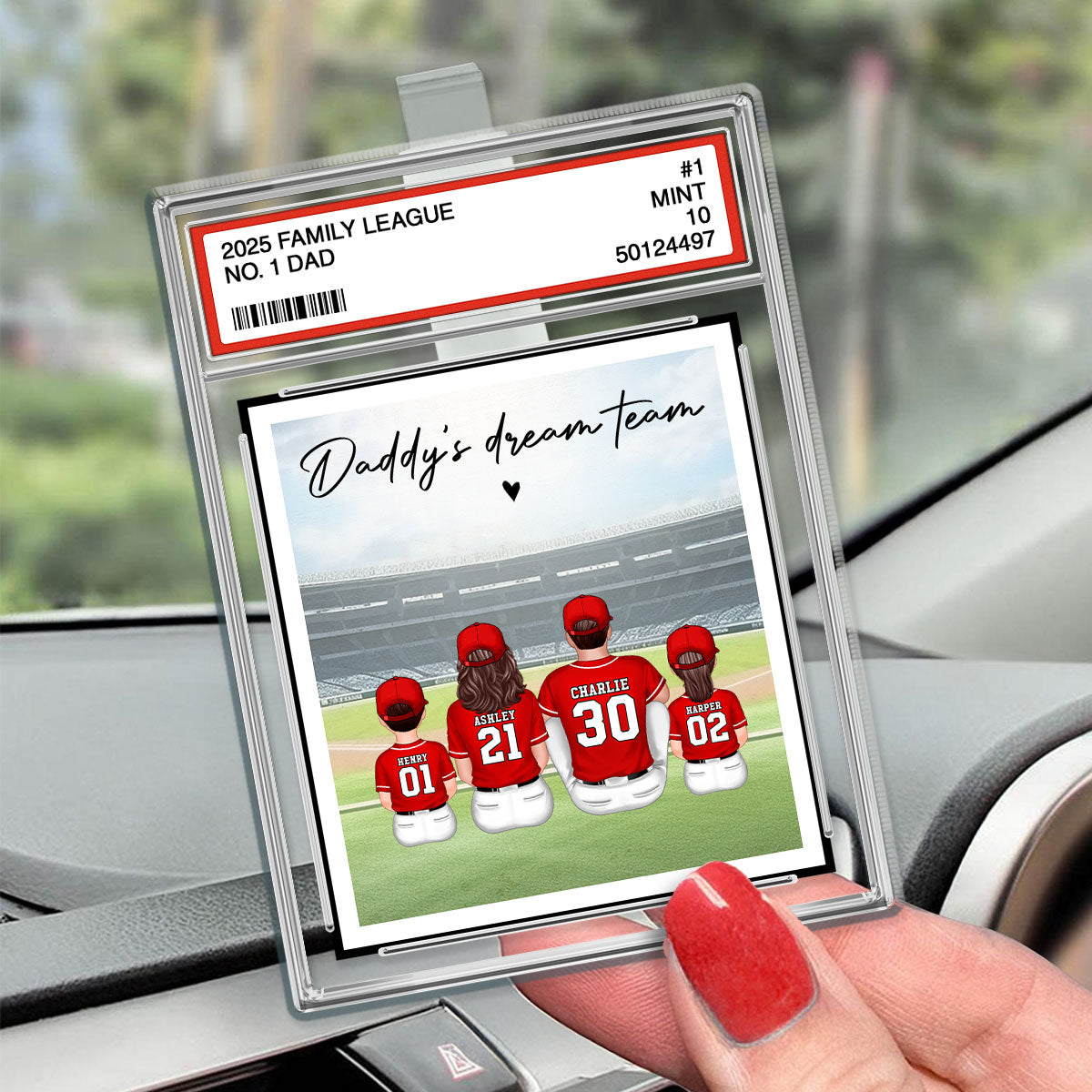 Baseball No. 1 Dad Man & Kids Sitting Trading Card Style Personalized Acrylic Car Visor Clip