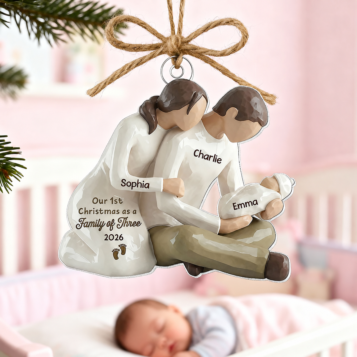 3D Effect First Christmas As Family Of Three Mom Dad Holding Baby - Personalized Acrylic Car Hanger