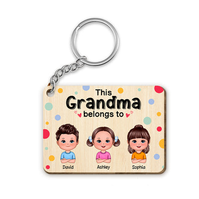 This Grandma Mom Belongs To Cute Doll Kids Colorful Dot Personalized Wooden Keychain