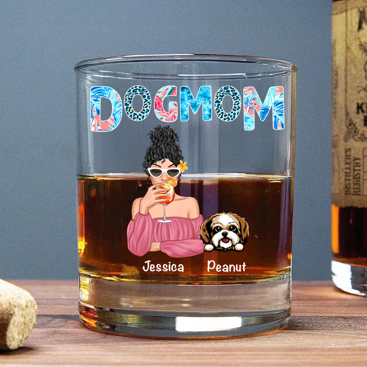 Dog Mom Summer Patterned Personalized Wine Glass, Gift for Dog Moms