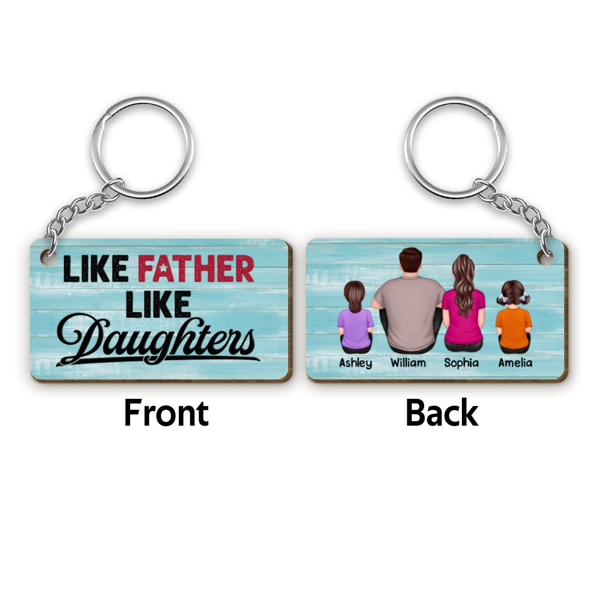 Like Father Like Daughter Blue Background Personalized Wooden Keychain