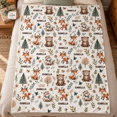 Woodland Animal Print Custom Baby Name - Personalized Fleece Blanket - Nursery Woodland Animal Theme For Baby