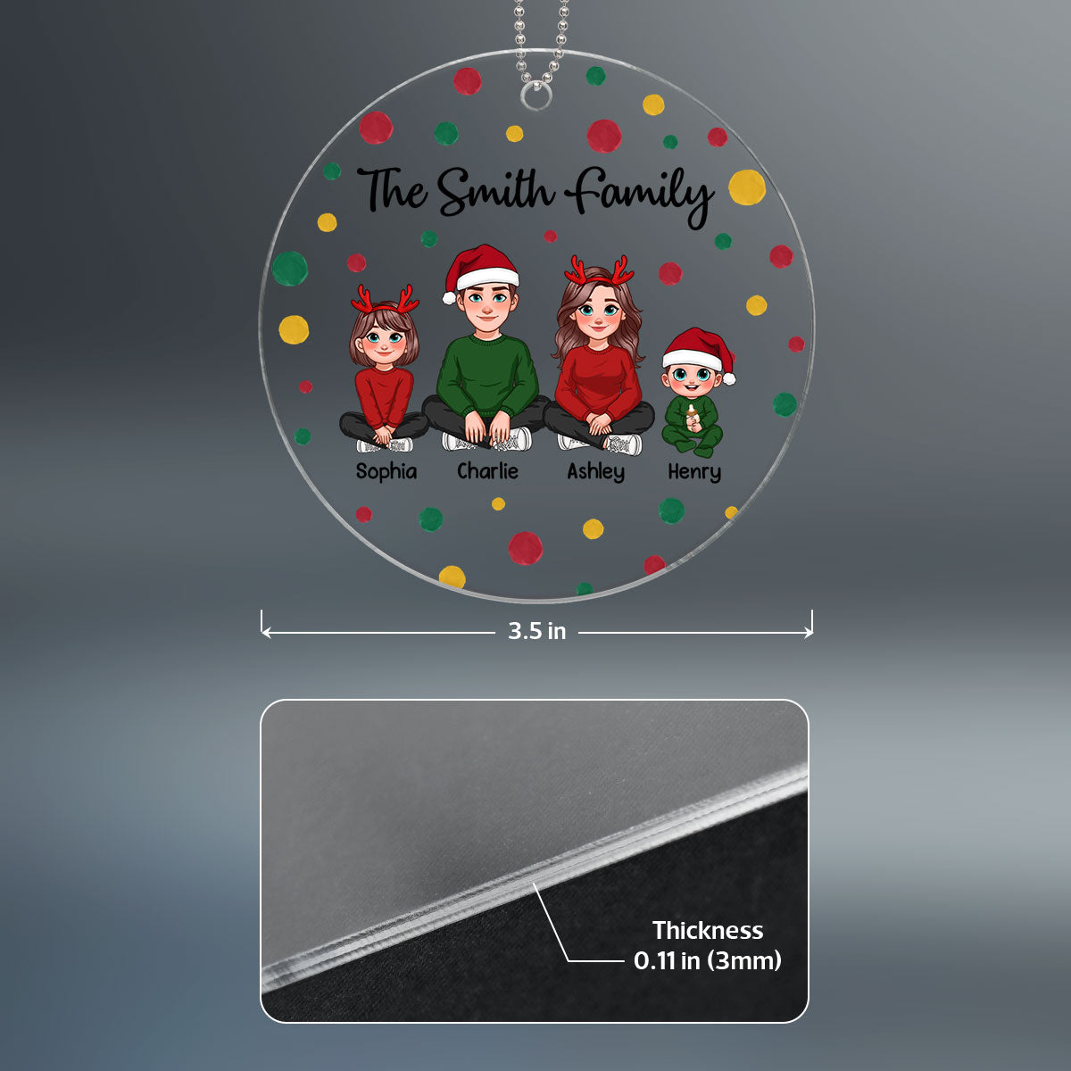 Red Green Dots Family Sitting Personalized Acrylic Ornament