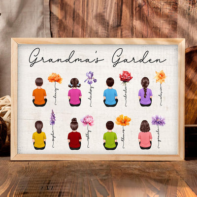 Grandkids Sitting Back View Grandma Garden Beautiful Birth Month Flowers Mother‘s Day Gift Personalized Horizontal Poster