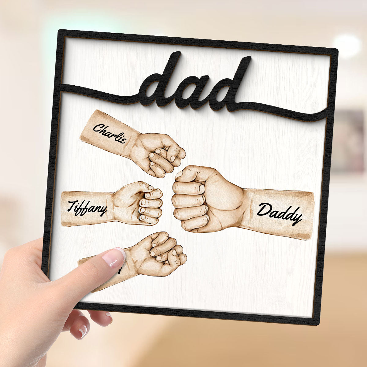 Dad Fist Bump With Kids Names Personalized 2-Layer Wooden Plaque