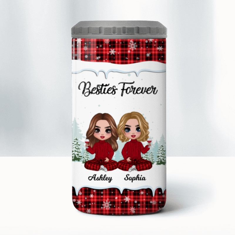 Checkered Pattern Besties Sisters Personalized 4 In 1 Can Cooler