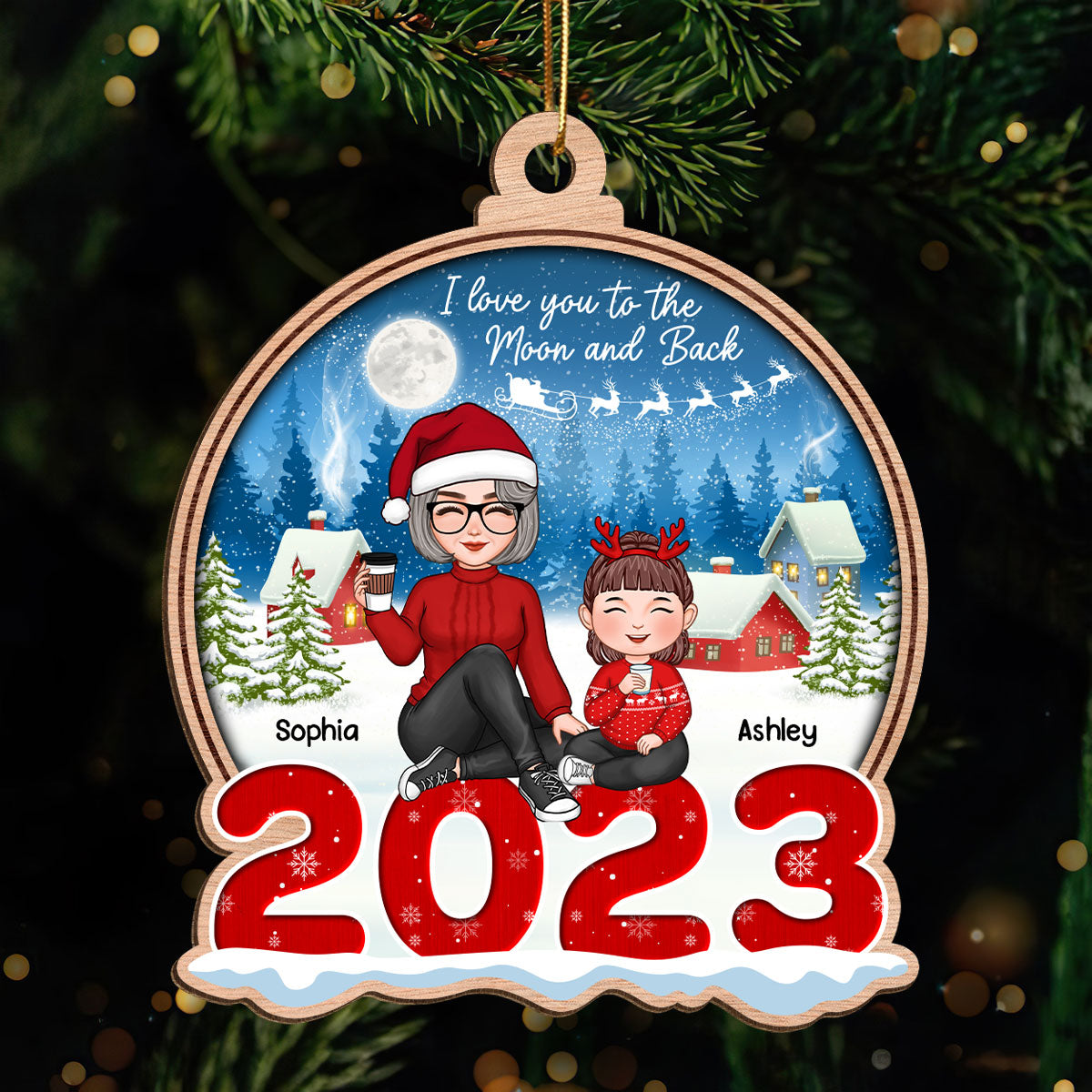 Cute Grandma Grandkids Sitting On Snow 2023 Christmas Sleigh Personalized Wooden Ornament
