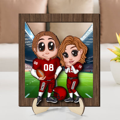 American Football Couple Y2K Style At Field Personalized 2-Layer Wooden Plaque,  Gift for Couples, Gift For Football Fans, Super Bowl 2025